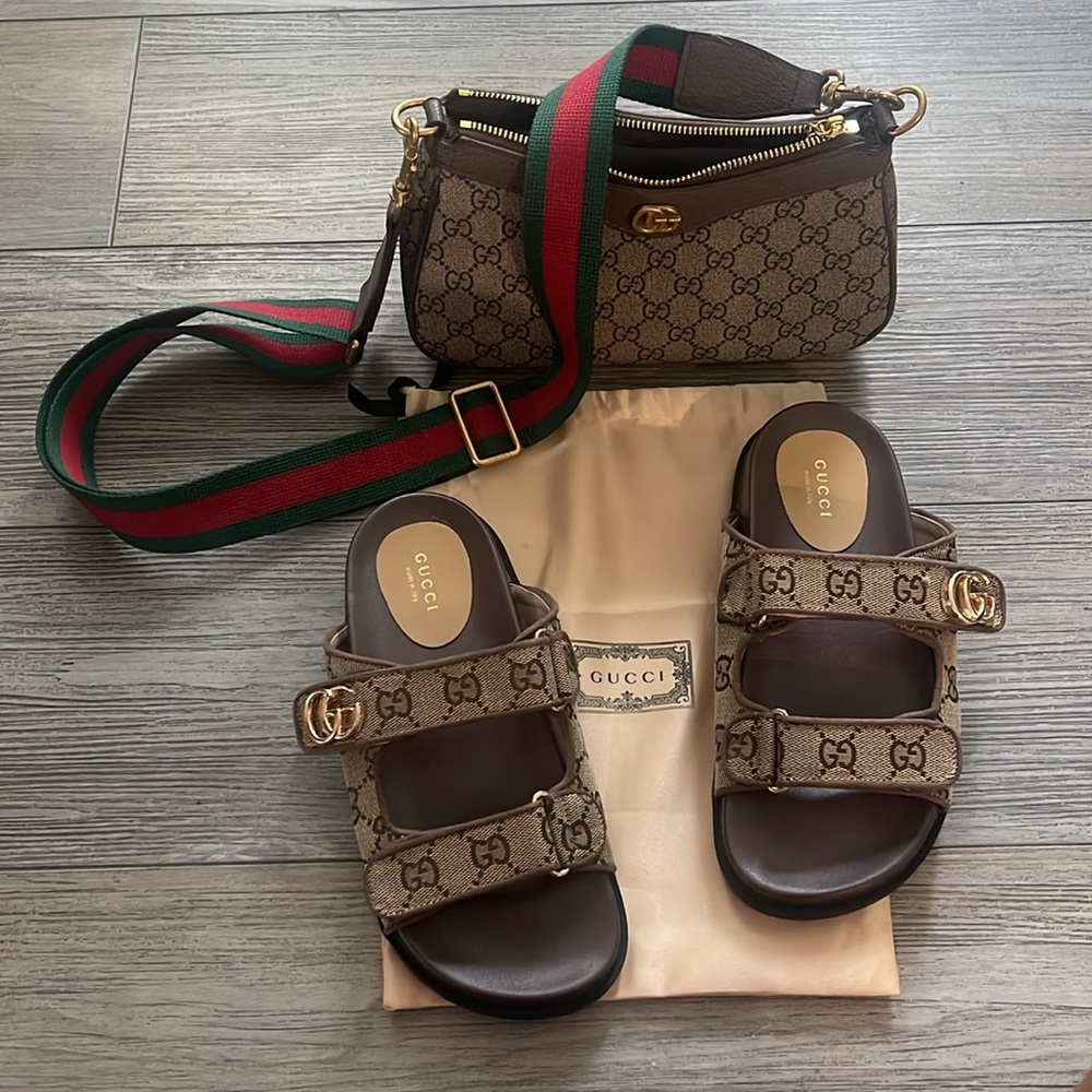 Gucci Monogram Brown Slide Sandals